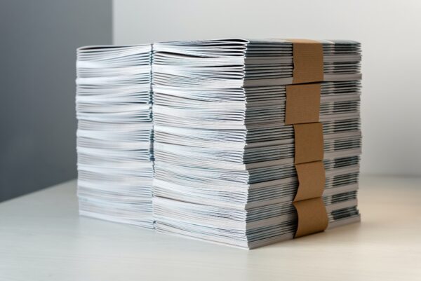 Bundles of newly printed catalogues in a stack